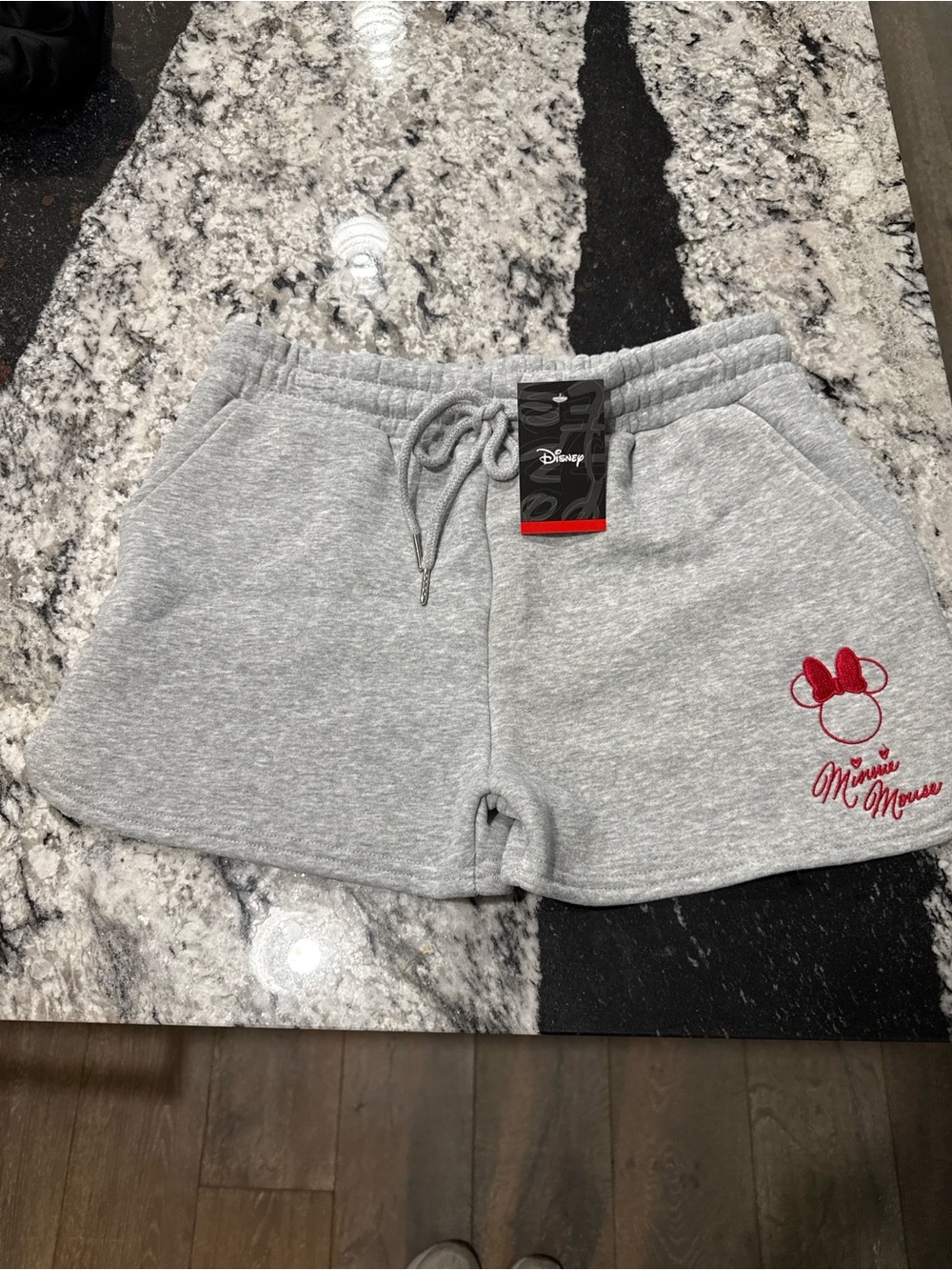 Disney Grey Minnie Mouse Embroidered Athletic Shorts with Red Accent
